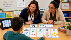 Number sense title image two teachers help a young student with a counting activity to help build number sense with hands-on instruction.